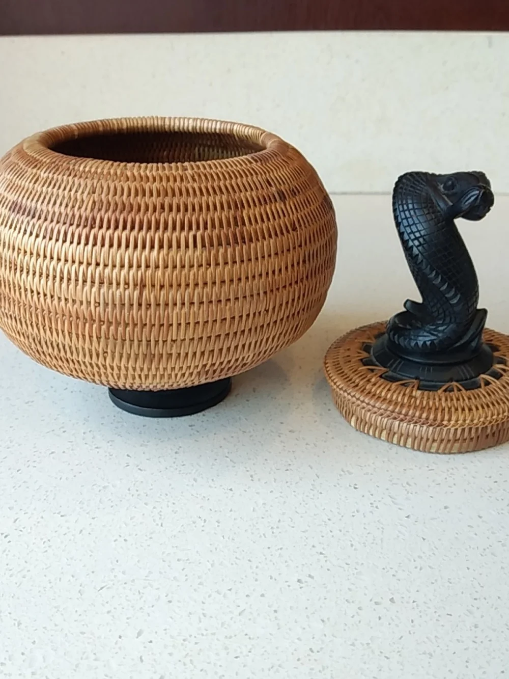 Fine Weaved Wicker Basket With Lid-Carved Wood Lizzard Handle, From Jakarta-Boho